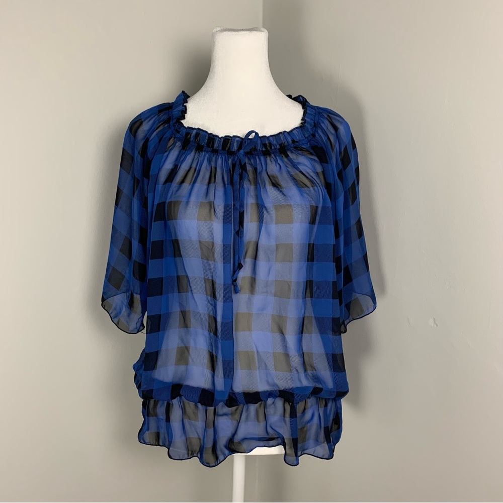 Simply Irresistible Blue Plaid Sheer Peasant Shirt Size Large Off the Shoulder